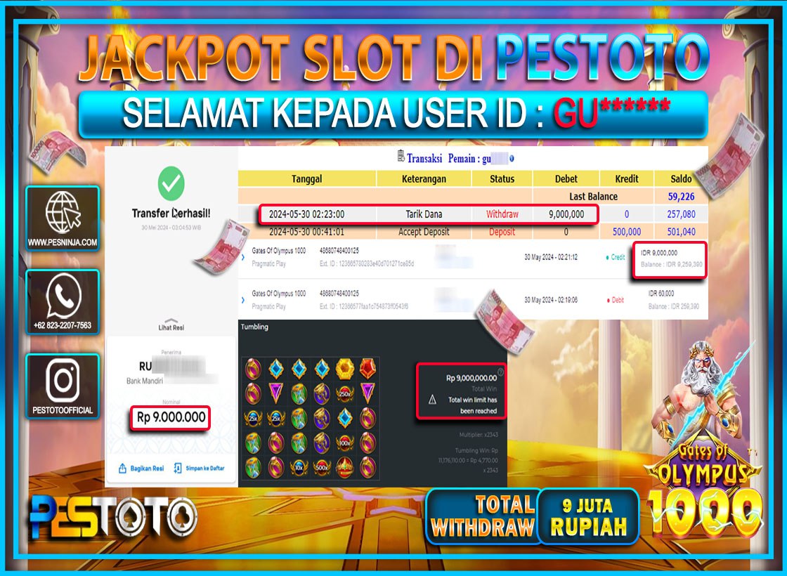 HANYA DI PESTOTO JP PASTI DI BAYAR LUNAS DAN CEPAT!!!!!! JP SLOT { GATES OF OLYMPUS 1000  } Rp.9.000.000 !!!!!